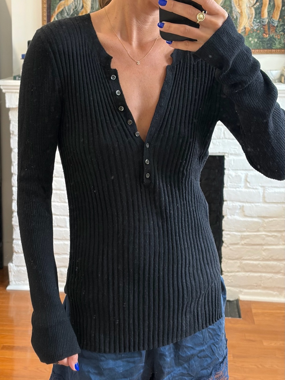 Alex Mill Black Ribbed V-Neck Henley Sweater